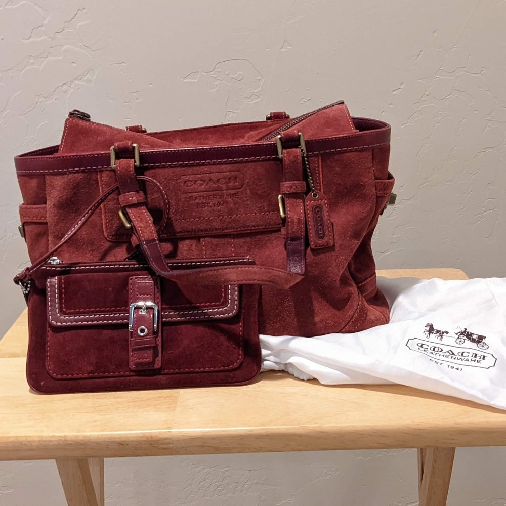 Coach red suede shoulder bag with wristlet & dust bag